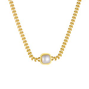Pearl Square Wheat Ear Chain Gold Plated Necklace Geometric Design Everyday Wear - Product Image 5