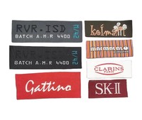 Étiquettes tissées personnalisées pour vêtements, autocollantes, pliables au centre, avec logo, thermocollantes, pour le cou, en coton, économiques