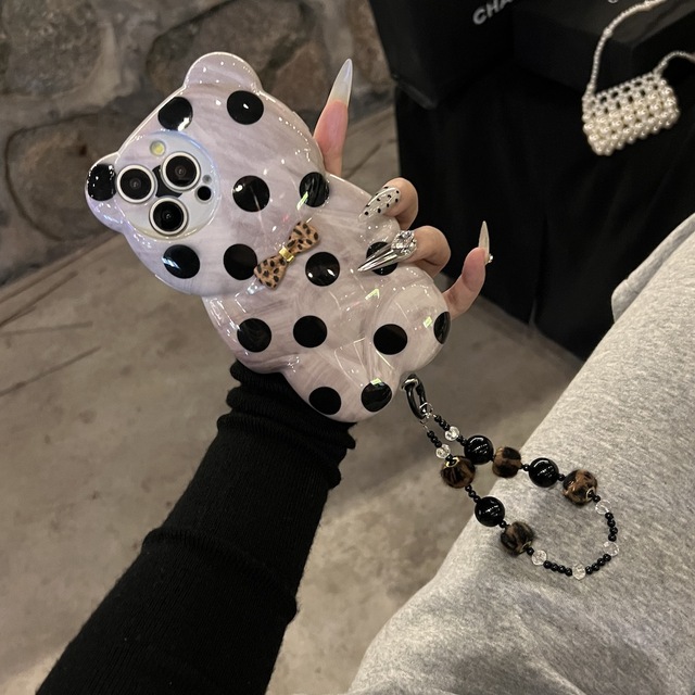 3D Bear Polka Dot Bow Full Coverage Silicone Imitation Shockproof Phone Case for 13-16 Pro Max Leopard Print Chain