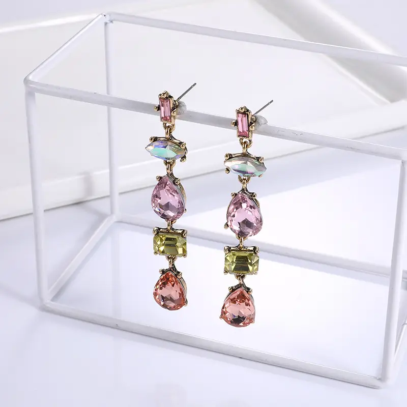Perhiasan Mode Emas Antik Sampanye Merah Muda 5 Permata Batu Permata Berlian Imitasi Anting-Anting Tetesan Air Kristal Anting Panjang