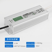 Driver/transformateur/adaptateur LED 60W (étanche IP67), entrée 100V-260V AC, sortie 12V/24V DC basse tension