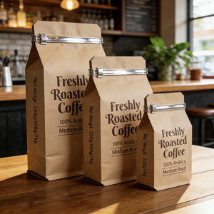 ถุงบรรจุภัณฑ์กาแฟแบบก้นแบน ทำจากกระดาษคราฟท์เคลือบฟอยล์อะลูมิเนียม พิมพ์ลายตามสั่ง พรีเมียม พร้อมโลโก้ส่วนตัว สำหรับร้านกาแฟ - Product Image 1