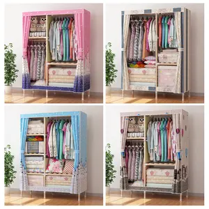 廉价卧室可拆卸橱柜折叠组装设计彩色织物木制便携式橱柜衣柜