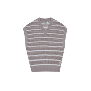 เสื้อสเวตเตอร์ถักคอวีแขนกุดสำหรับผู้หญิงแบบขายส่งสั่งทำได้, เสื้อกั๊กถักลายทางผ้าฝ้ายแบบโปร่งสำหรับสุภาพสตรี - Product Image 3