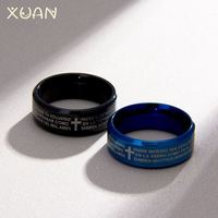 Bague croix de prière du Seigneur espagnol Bijoux pour hommes Bague amulette en acier inoxydable noir avec lettre doigt Anneaux pour couples
