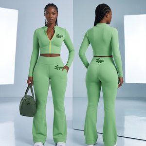 Conjunto Deportivo Verde para Mujer, Chaqueta con Cierre Completo, Pantalones Acampanados, Color Sólido, Transpirable, Ropa Casual de Primavera, Manga Larga - Product Image 1