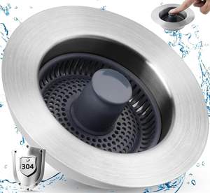 Crépine de vidange universelle pour <span class=keywords><strong>évier</strong></span> de cuisine 3-en-1 en acier inoxydable, avec <span class=keywords><strong>bouchon</strong></span> escamotable et poignée anti-colmatage - Product Image 1