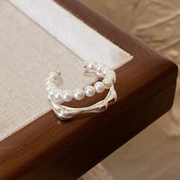 MM S925 Bague en argent sterling Double couche imitation perle irrégulière Bague en argent sterling Ouverture réglable Bagues de doigt 428