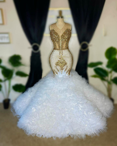 MF 2025 Nouvelle Robe de Mariée de Luxe à Imprimé Cristal Strass, Grande Robe de Bal Sirène Élégante sans Manches avec Ourlet en Tulle à Volants Superposés - Product Image 4