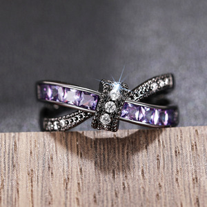 Bague en améthyste avec nœud papillon T0312 pour femme, en alliage de métal précieux, sertie de pierres précieuses rondes taille brillant, pour un usage quotidien - Product Image 3