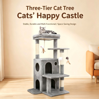 Arbre à chat pour petit appartement, gain de place, anti-basculement, 3 niveaux, base en bois massif gris, griffoirs en sisal naturel