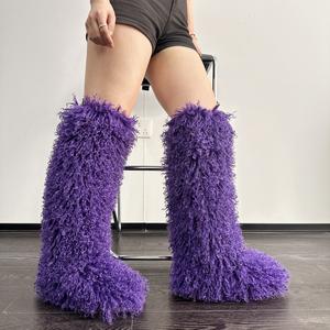 Sepatu Bot Salju Bulu Imitasi Mardi Gras 50CM untuk Wanita, Hak Datar, Setengah Paha, Bulu Halus, Ujung Bulat, Bulu Mongolia - Product Image 2