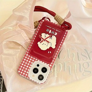 Nouvelle coque de téléphone portable avec porte-cartes et cordon pour <span class=keywords><strong>iPhone</strong></span> 16 Plus 15 17 Pro Max, motif à carreaux rouges et nœud, coque arrière - Product Image 3