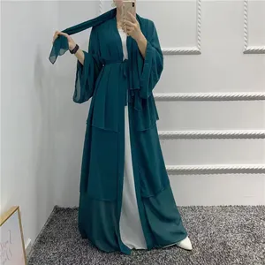 2024 New Arab Dubai 3 Layers Open Abaya Islamic Dresses Dubai Muslim Abaya Modern Islamic Front Open 3 Layers Abaya