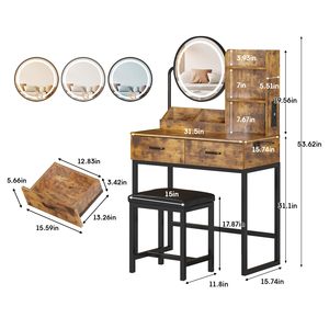 Grande coiffeuse marron avec tiroirs, éclairage LED et prise électrique 3 couleurs, pieds et chaise en métal robustes, pour chambre et dressing - Product Image 2