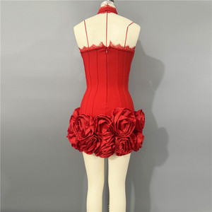 Robe mini corset florale à ourlet rose pour femme - Robe moulante à col halter avec dentelle pour femme - Mode féminine - Product Image 6