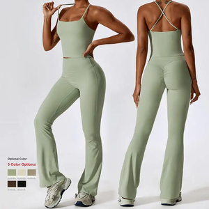 工場カスタム卸売女性スポーツジムウェアワークアウトセットタイツクロップトップ2ピースシームレス長袖フィットネスヨガブラセット - Product Image 4