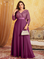Robe de soirée grande taille élégante à col en V, manches trois-quarts, patchwork de sequins et ourlet large, idéale pour les bals semi-formels
