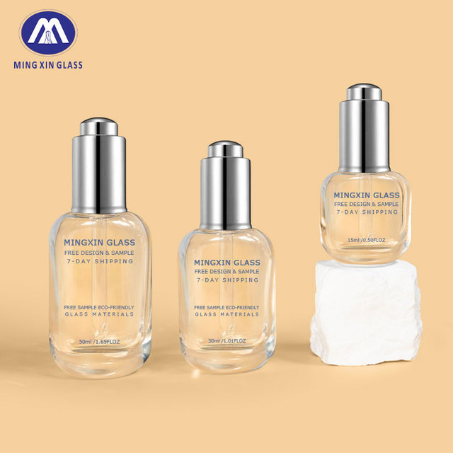 Premium Customizable Clear Glass Pump Bottles 15ml 30ml 50ml Skincare Serum Essential Oil Thick Bottom Flat Shape Dropper