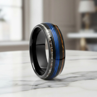 Bague en tungstène plaqué noir de 8 mm pour homme, incrustée de bois de cerf, de bois et de lignes de poisson, polie en forme de dôme, unisexe, tendance, pour fiançailles et mariage