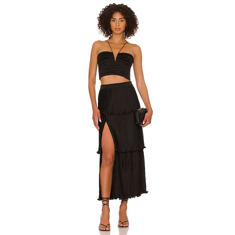 Hot Sale Women Casual Skirt Elastic Waist Tiered Ruffled Trim Midi Skirt