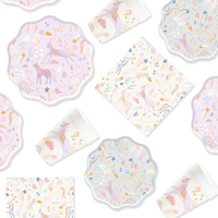 DAMAI Ensemble de vaisselle jetable moderne en papier biodégradable Licorne Assiettes Gobelets Fourchettes Pailles Serviettes pour fêtes d'anniversaire d'enfants et événements