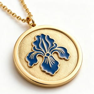Medalla Circular de Latón Chapada en Oro con Diseño de Flor de Lis Azul en Esmalte Duro, Recuerdo con Temática Floral - Product Image 1