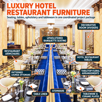 Ensemble table et chaises de restaurant d'hôtel sur mesure J2S, banquette bleue rembourrée, fauteuils, table foncée, mobilier de luxe au design 3D