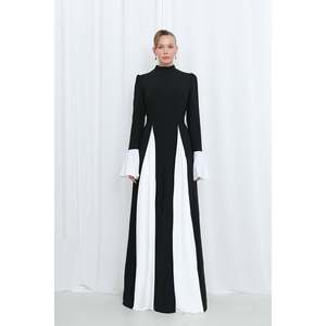 Puane Women's Modern Modest Contrast Panel Detail Evening Dress - Elegant Black-Ecru Abaya Gown for Special Occasions - Product Image 2