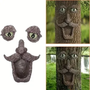 Grillige Hars Ambachten Standbeeld Snor Boom Gezicht <span class=keywords><strong>Decor</strong></span> Met Bloemenpatroon Buiten Tuin Ornament Voor Geschenken - Product Image 3