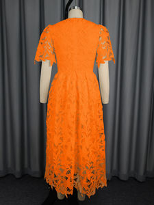 Am050656 thanh lịch O cổ phồng tay áo Rỗng ra Ren Một dòng cao Eo Cam maxi chính thức của phụ nữ ăn mặc giản dị - Product Image 6