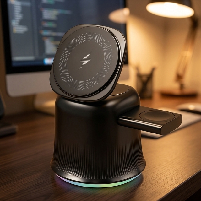3 in 1 Magnetic Wireless Charger Station 15W Fast Charging Dock With RGB Light for IPhone/Watch/Earbuds