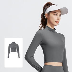 T-shirt à col montant pour femmes, 82,5 % polyester, 17,5 % élasthanne, manches longues, haut de sport côtelé extensible, crop top pour femmes - Product Image 2