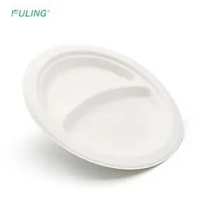 FULING Eco Biodegradable & Compostable 9" 2 Compartment Paper Disposable Plate Sugarcane Bagasse Wholesale