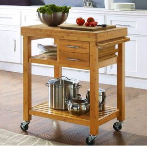 Troli kayu bambu berguling dapur pulau dengan rak laci rak handuk kastor pengunci makanan troli troli di atas roda - Product Image 1