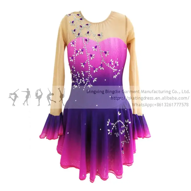 Ice Figure Skating Dress Girls Purple Lace Children Long Sleeves Performance Wear Competition Rhythmic Dance Leotards Wholesale