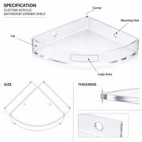 Étagère d'angle de salle de bain en acrylique sur mesure, support mural transparent pour douche avec rebord surélevé et espace pour logo