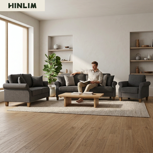 Juego de Sofás Modernos de Tela Gris Tapizados para Sala de Estar con Patas de Madera y Respaldo Acolchado, Diseño de Respaldo con Cojín, Duradero - Product Image 1