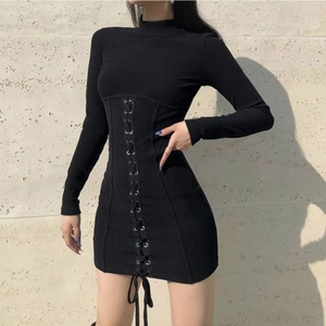 Vestidos de Punto al por Mayor Personalizados OEM de Alta Calidad para Mujer, Vestidos Ajustados de Manga Larga con Cuello Medio Alto y Lazos Elásticos para Otoño - Product Image 1