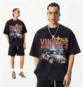 T-shirt décontracté en coton tricoté pour homme, coupe ample et oversize, effet vieilli flocon de neige, épaules tombantes, manches courtes, personnalisable - Product Image 1