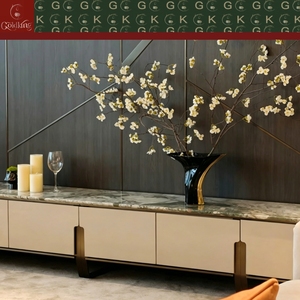 Console <span class=keywords><strong>TV</strong></span> GOLDKING moderne pour salon, marbre rose quatre saisons, panneaux crème, poignées noir et or, conception personnalisée OEM, modèle 3D CAD - Product Image 4