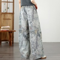 2026 En gros Pantalon en jean à jambe large pour femme, taille haute élastique avec cordon de serrage, imprimé floral Woodland, vert sauge discret, grande taille