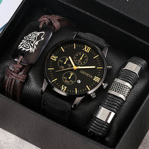 2023 Fashion Sport <strong>GENEVA</strong> Leather Bracelet <strong>Watch</strong> Men Quartz Business Wristwatch Calendar Clock Gift <strong>Watches</strong> and Bracelets <strong>Set</strong> - Product Image 1