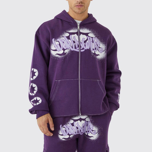 Conjunto de Sudadera con Capucha y Pantalones Morados para Hombre, Manga Larga, Logotipo Estampado, Estilo Urbano, Corte Holgado, Chándal de Algodón para Otoño - Product Image 1