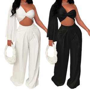 Women's New One Shoulder Sleeve Pleated Casual Solid Color 2 Piece <b>Set</b> Fashion - Product Image 1
