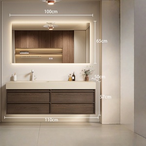 Mid ancient style rock slab hot bending integrated basin intelligent lighting mirror walnut <b>wall</b> <b>mounted</b> bathroom <b>cabinet</b> - Product Image 4