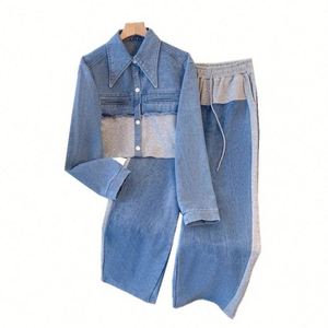Spring Casual Long 2 Piece Set Women Breathable Anti-wrinkle Sustainable V-neck Full Sleeve <b>Top</b> Woven <b>Patchwork</b> Denim Pants - Product Image 5