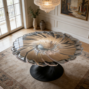 Table à manger <span class=keywords><strong>de</strong></span> luxe en verre artistique, plateau rond en résine transparente à motif tourbillonnant, base sur piédestal moderne et unique, grand meuble <span class=keywords><strong>de</strong></span> villa, pièce maîtresse - Product Image 1