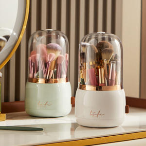 Boîte de rangement rotative pour pinceaux de maquillage Life Modern avec couvercle et compartiments, organisateur de cosmétiques 4 en 1, motif à rayures blanches - Product Image 3