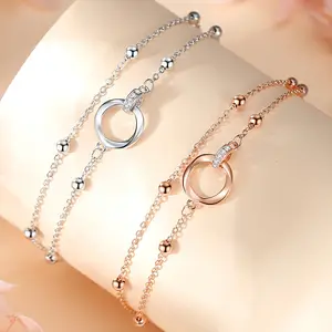 Personalized Ladies Fine Jewelry Rose Gold Plated Designer Geometric Round Bead Double Layer Chain Bracelet 925 Sterling Silver